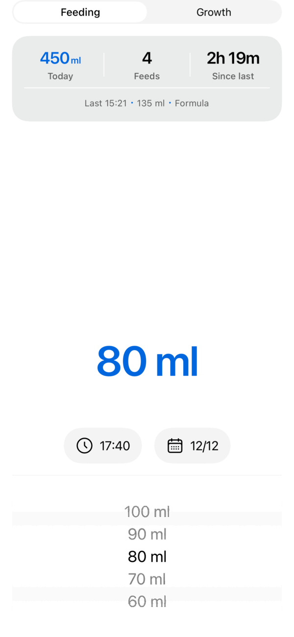 BabySteps daily feeding dashboard with today's total and a quick-add wheel