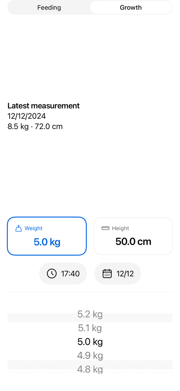 BabySteps growth tracking screen showing weight and height with WHO comparison